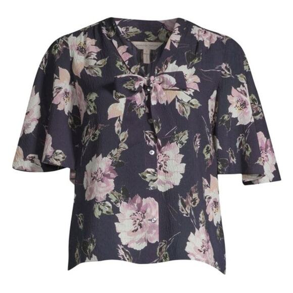 Rebecca Taylor Magnolia Stretch Silk Tie Front Top - 6 - Blueberry Combo